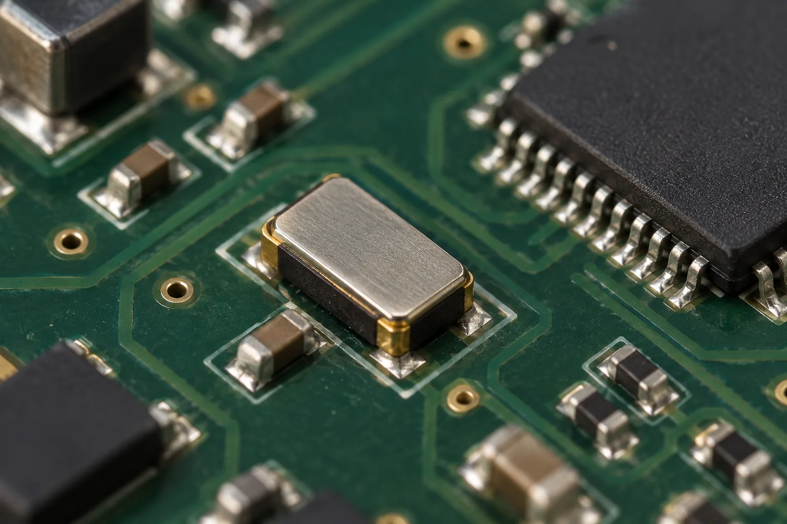 A metal-lid quartz package beside an integrated circuit on a green PCB